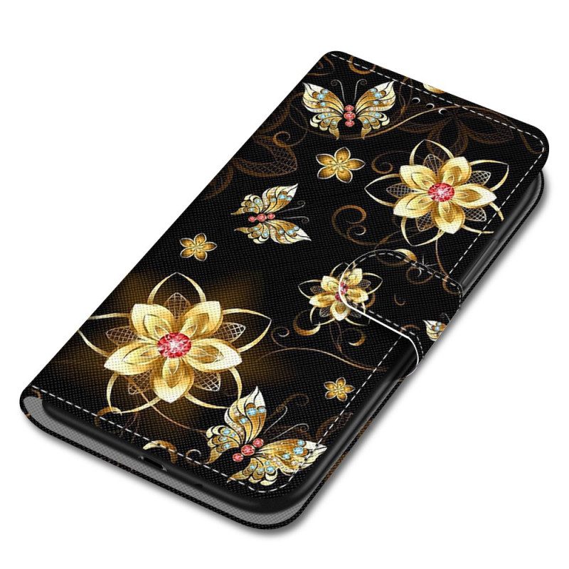 Folio-hoesje voor Xiaomi Redmi 10A Met Ketting Gouden Band Bloemen