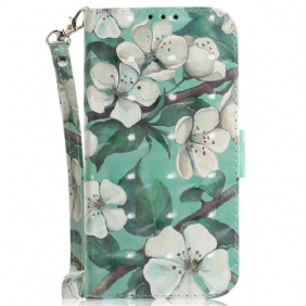 Folio-hoesje voor Xiaomi Redmi 10A Met Ketting Witte Bloemen Met Bandjes