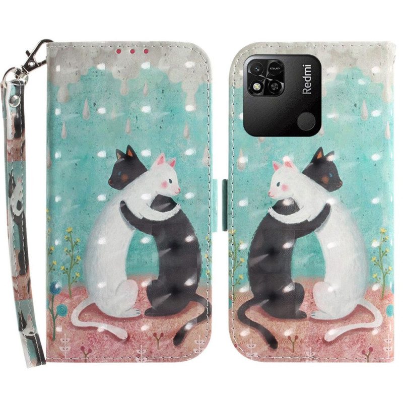 Folio-hoesje voor Xiaomi Redmi 10A Met Ketting Witte Kat Zwarte Kat Met Riem