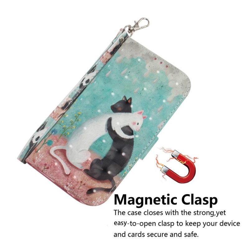 Folio-hoesje voor Xiaomi Redmi 10A Met Ketting Witte Kat Zwarte Kat Met Riem