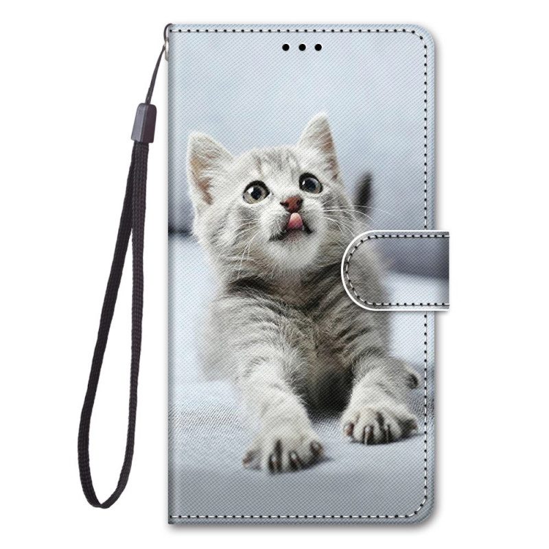 Folio-hoesje voor Xiaomi Redmi 10A Met Ketting Witte Kitten Met Riem