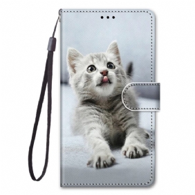 Folio-hoesje voor Xiaomi Redmi 10A Met Ketting Witte Kitten Met Riem