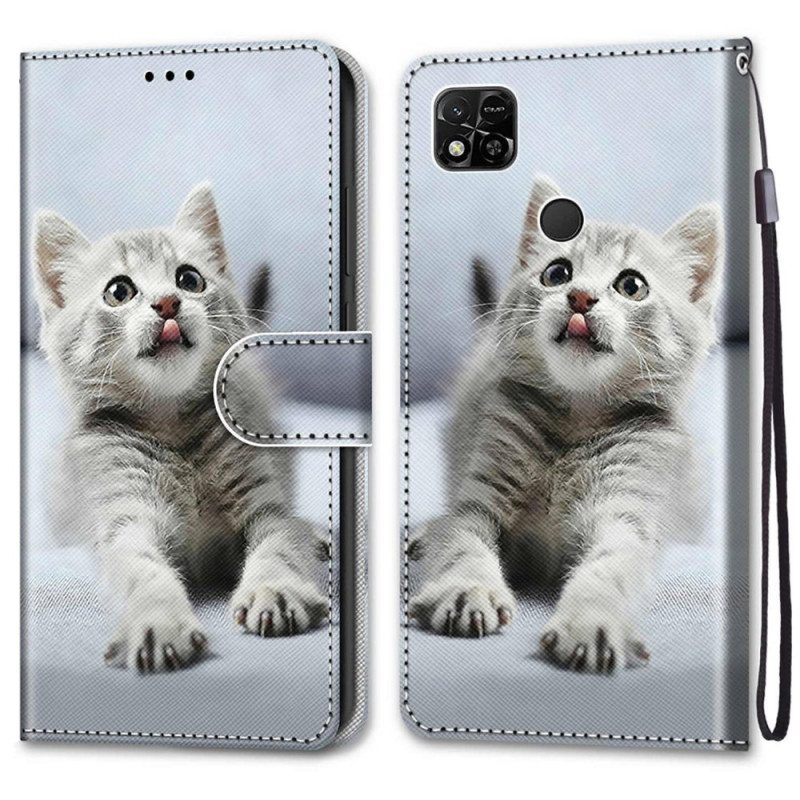 Folio-hoesje voor Xiaomi Redmi 10A Met Ketting Witte Kitten Met Riem