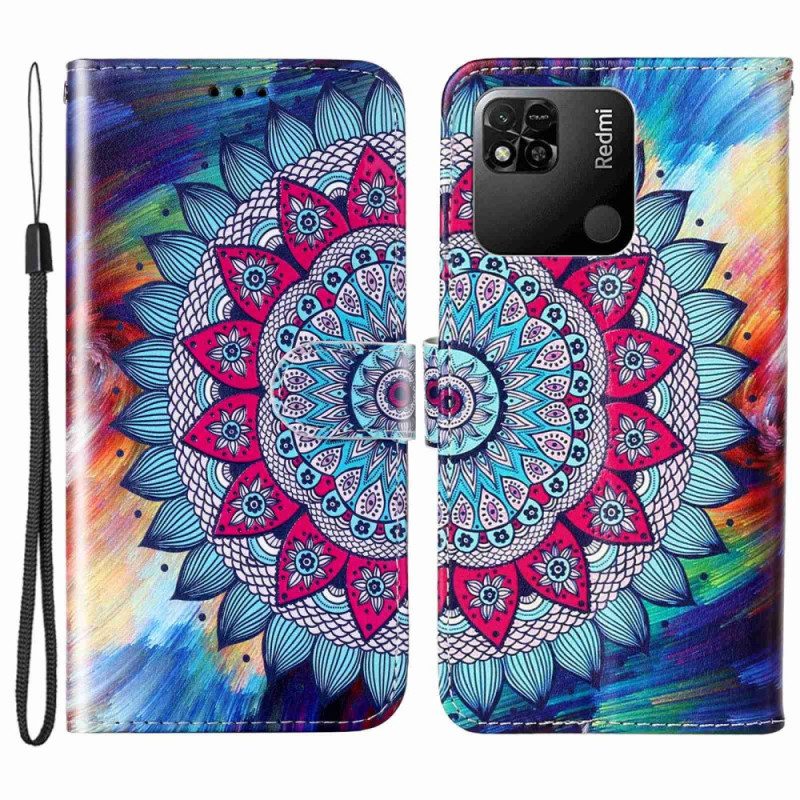 Leren Hoesje voor Xiaomi Redmi 10A Met Ketting Kleurrijke Strappy Mandala