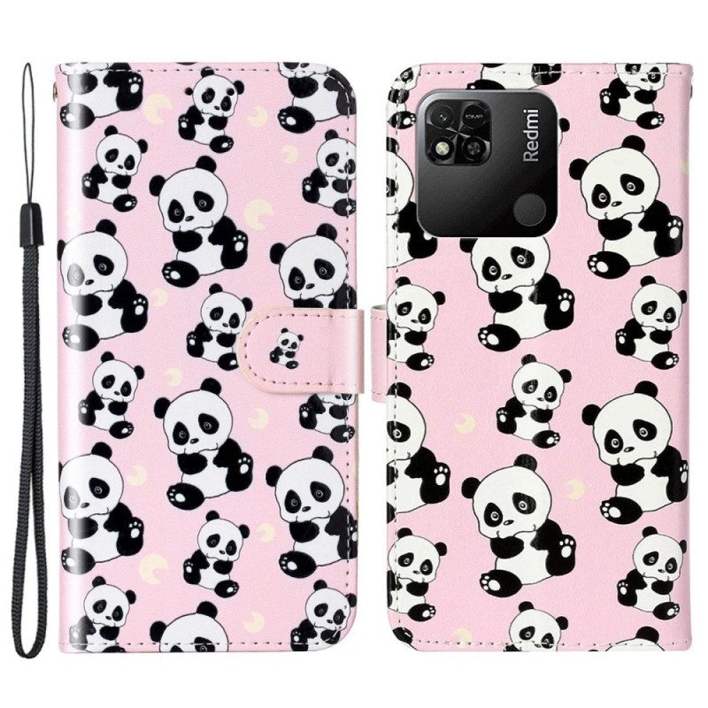 Leren Hoesje voor Xiaomi Redmi 10A Met Ketting Panda's Met Bandjes