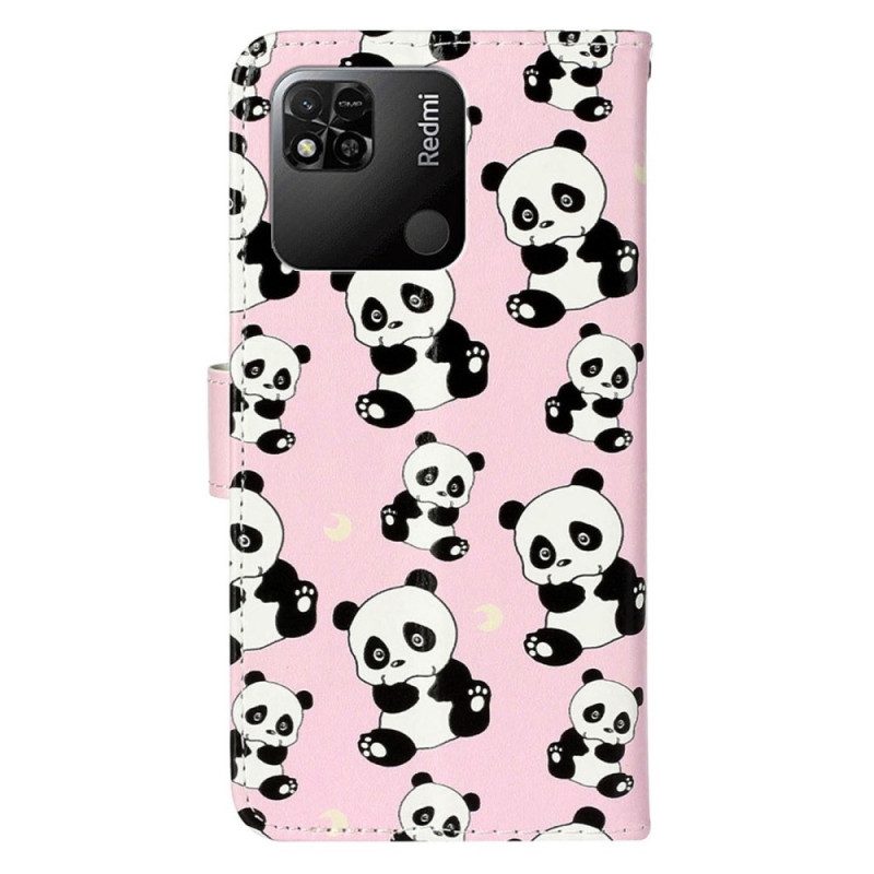 Leren Hoesje voor Xiaomi Redmi 10A Met Ketting Panda's Met Bandjes