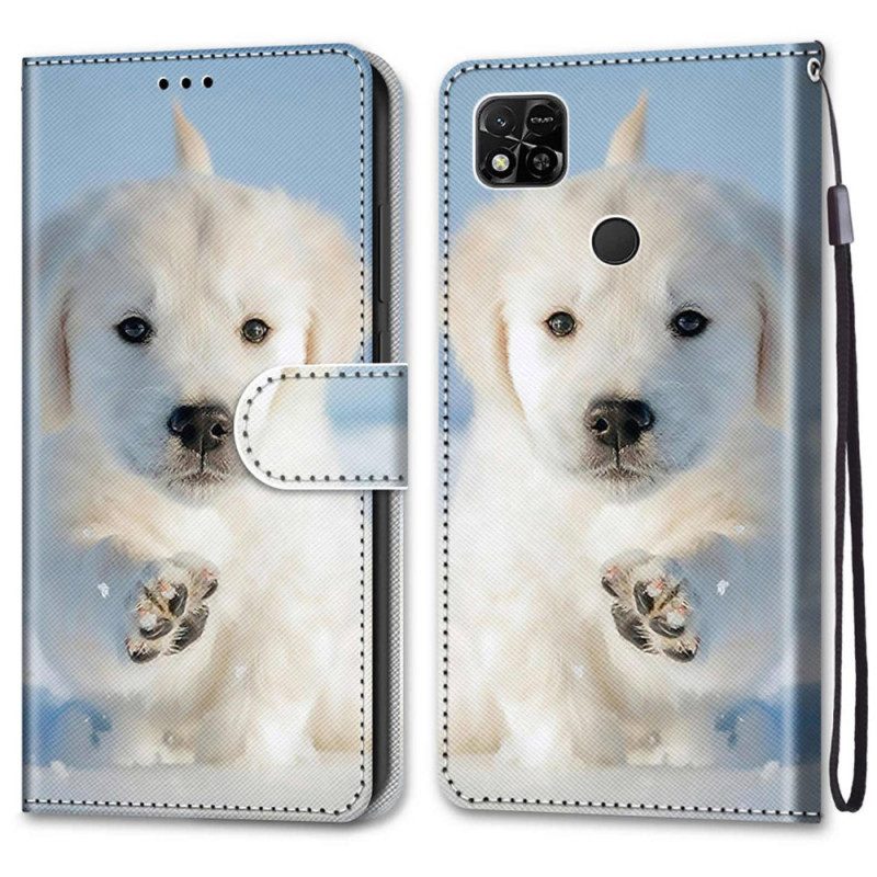 Leren Hoesje voor Xiaomi Redmi 10A Met Ketting Sneeuwpuppy Met Bandjes