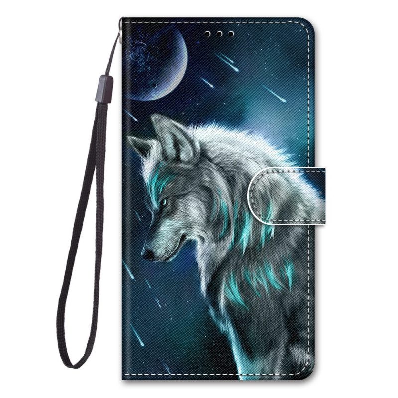 Leren Hoesje voor Xiaomi Redmi 10A Met Ketting Strappy Wolf-patroon