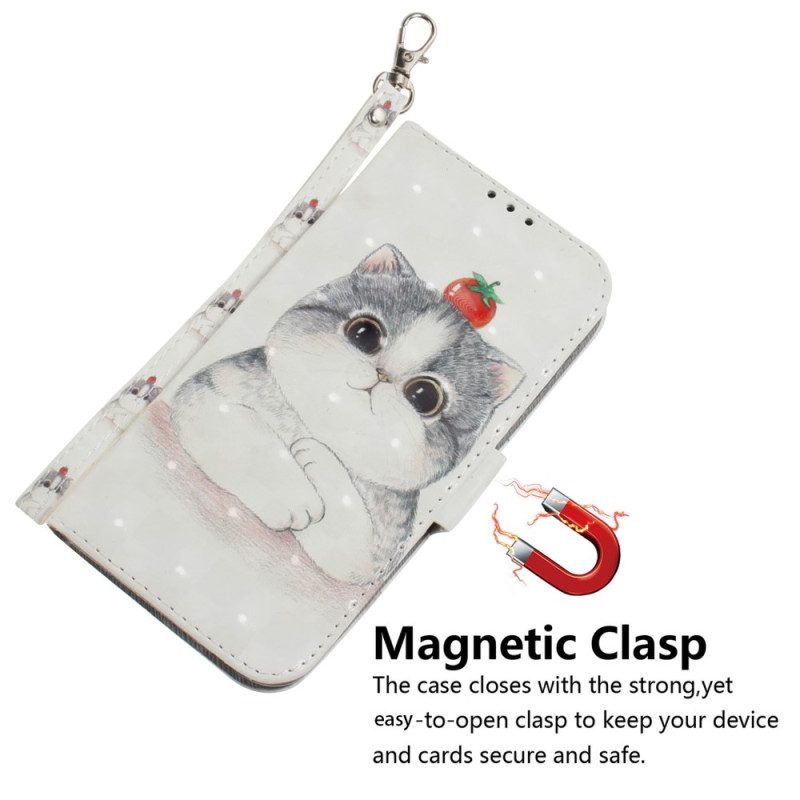 Leren Hoesje voor Xiaomi Redmi 10A Met Ketting String Grafische Kat