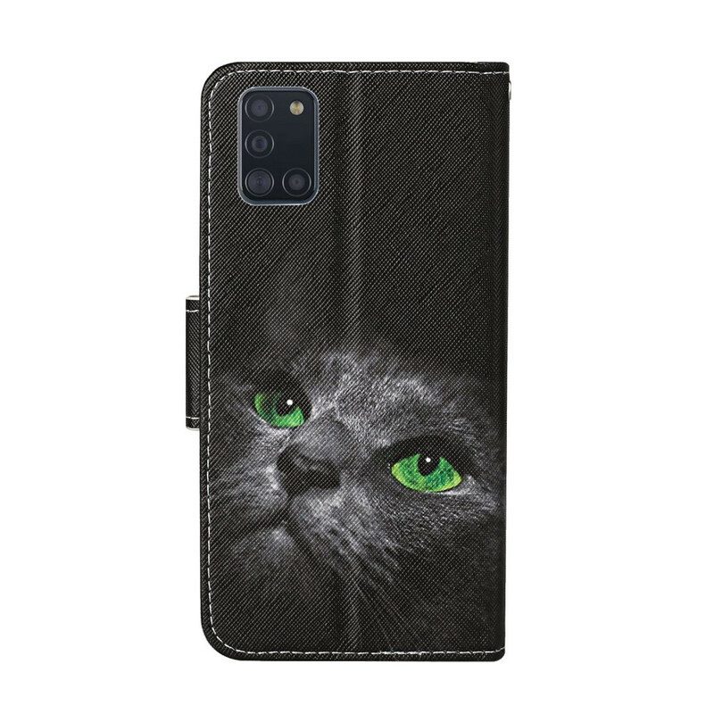 Leren Hoesje voor Samsung Galaxy A31 Kat Met Groene Ogen En Koord