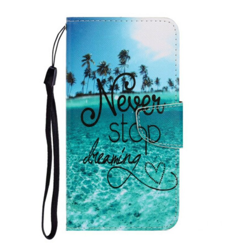 Leren Hoesje voor Samsung Galaxy A31 Met Ketting Stop Nooit Met Dromen In Marineblauwe Bandjes