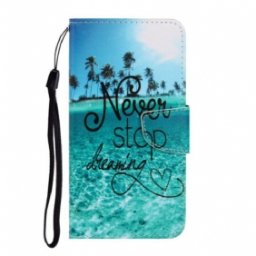 Leren Hoesje voor Samsung Galaxy A31 Met Ketting Stop Nooit Met Dromen In Marineblauwe Bandjes