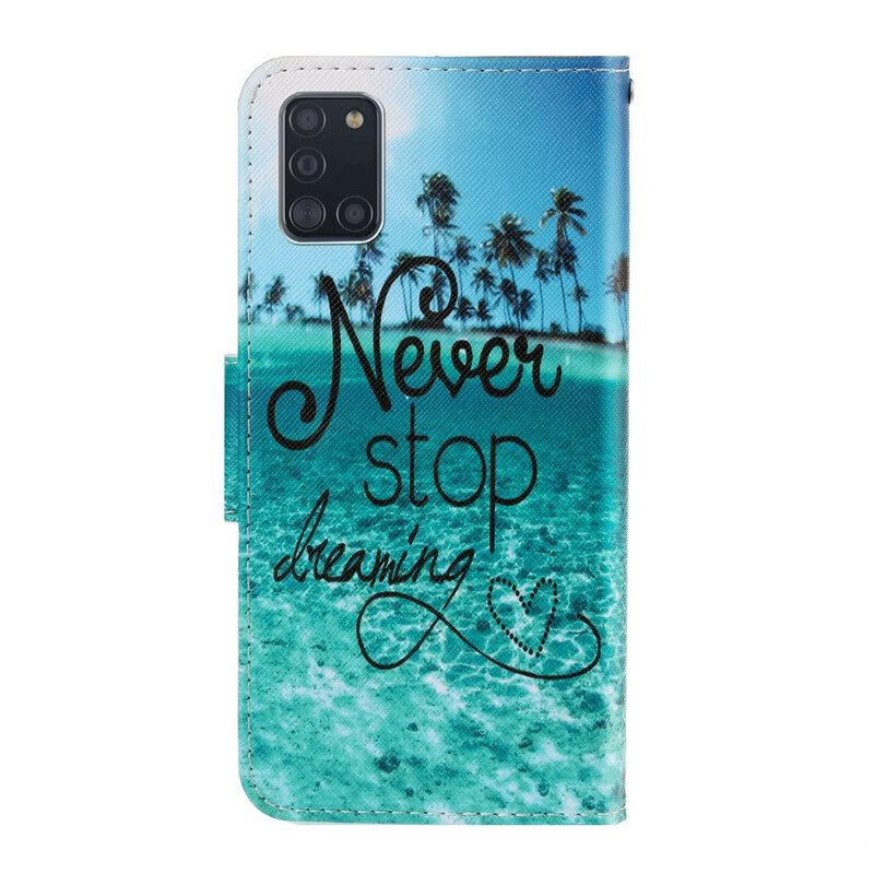 Leren Hoesje voor Samsung Galaxy A31 Met Ketting Stop Nooit Met Dromen In Marineblauwe Bandjes