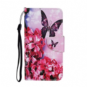 Leren Hoesje voor Samsung Galaxy A31 Vlinders Floral Lanyard