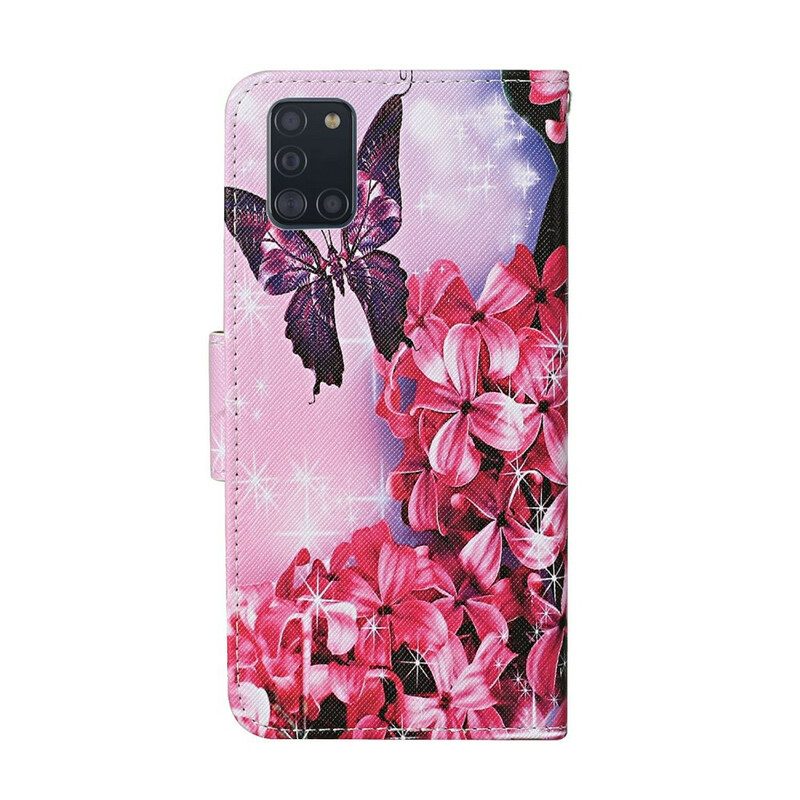 Leren Hoesje voor Samsung Galaxy A31 Vlinders Floral Lanyard