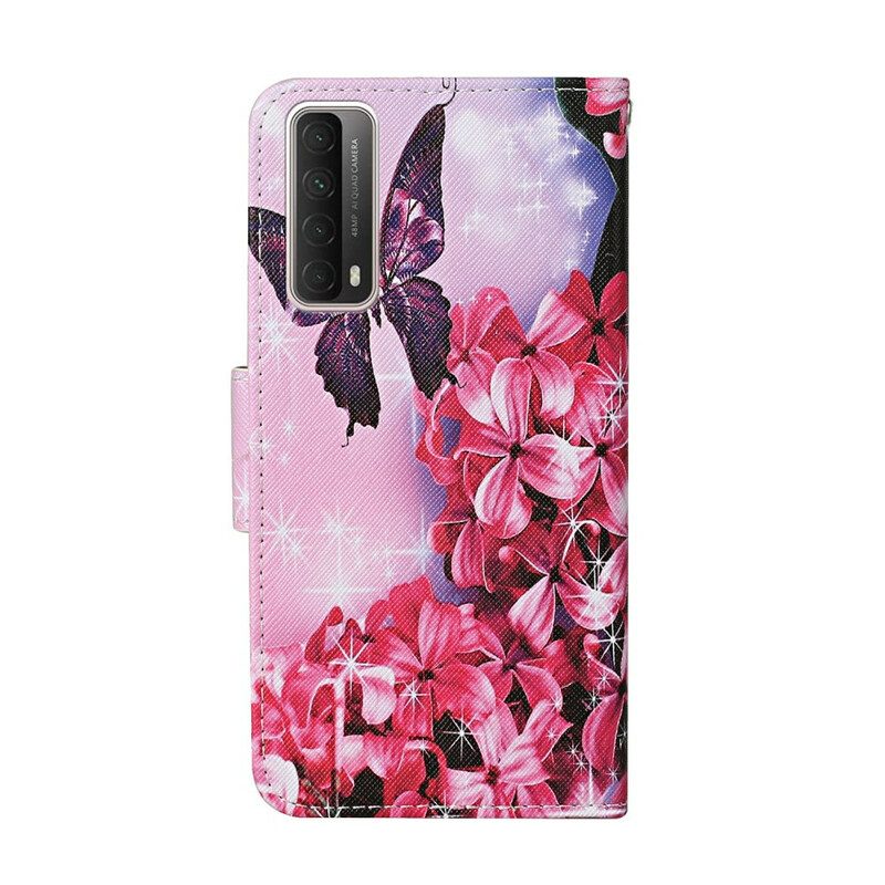 Flip Case voor Huawei P Smart 2021 Vlinders Floral Lanyard