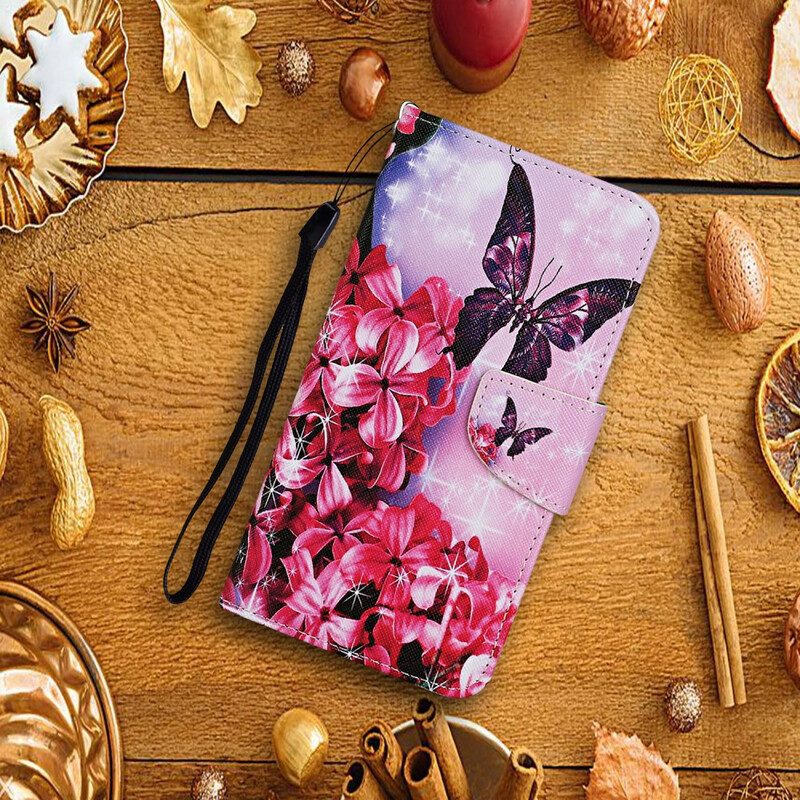 Flip Case voor Huawei P Smart 2021 Vlinders Floral Lanyard