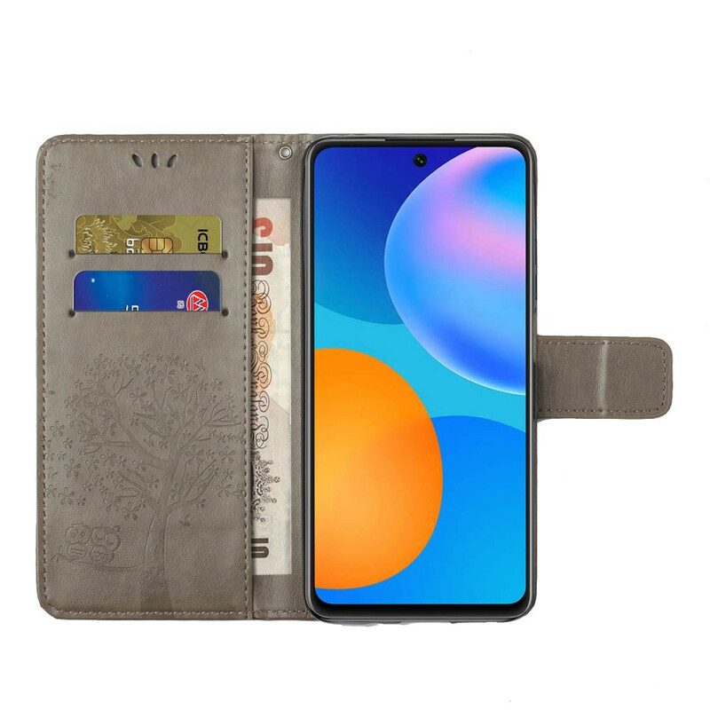 Leren Hoesje voor Huawei P Smart 2021 Met Ketting String Boom En Uilen