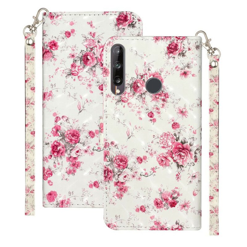 Leren Hoesje voor Huawei Y6p Met Ketting Band Lichtvlek Bloemen