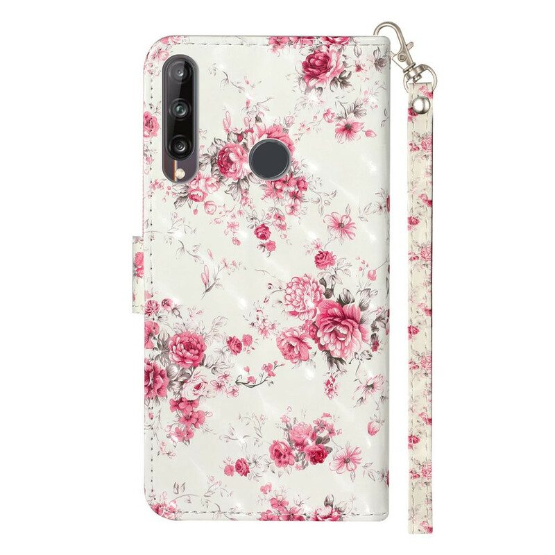 Leren Hoesje voor Huawei Y6p Met Ketting Band Lichtvlek Bloemen