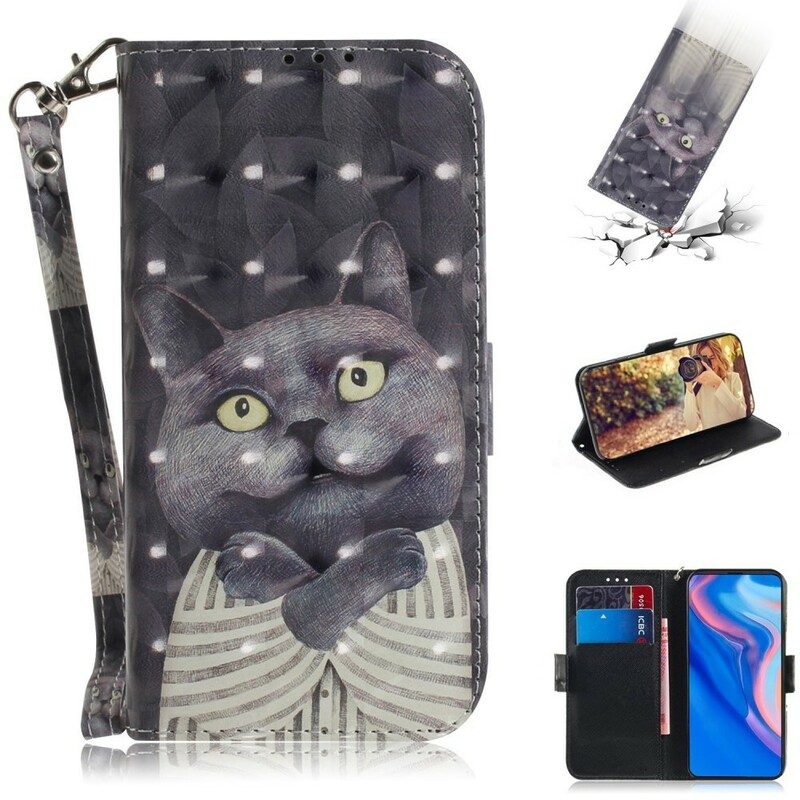 Flip Case voor Huawei P Smart Z Met Ketting Grijze Kat Met Riem