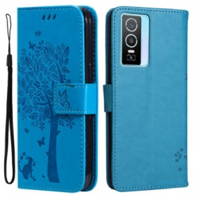 Leren Hoesje voor Vivo Y76 5G Met Ketting Boom En Strappy Cat