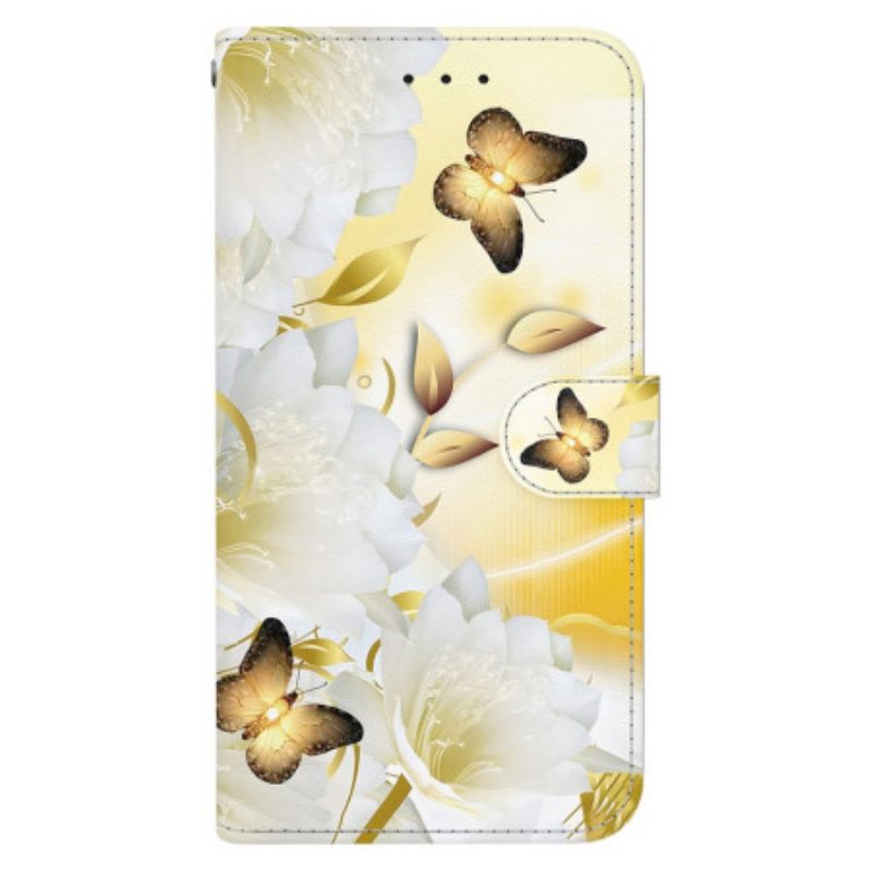 Folio-hoesje Google Pixel 8a Telefoonhoesje Gouden Vlinders En Witte Bloemen Met Riem