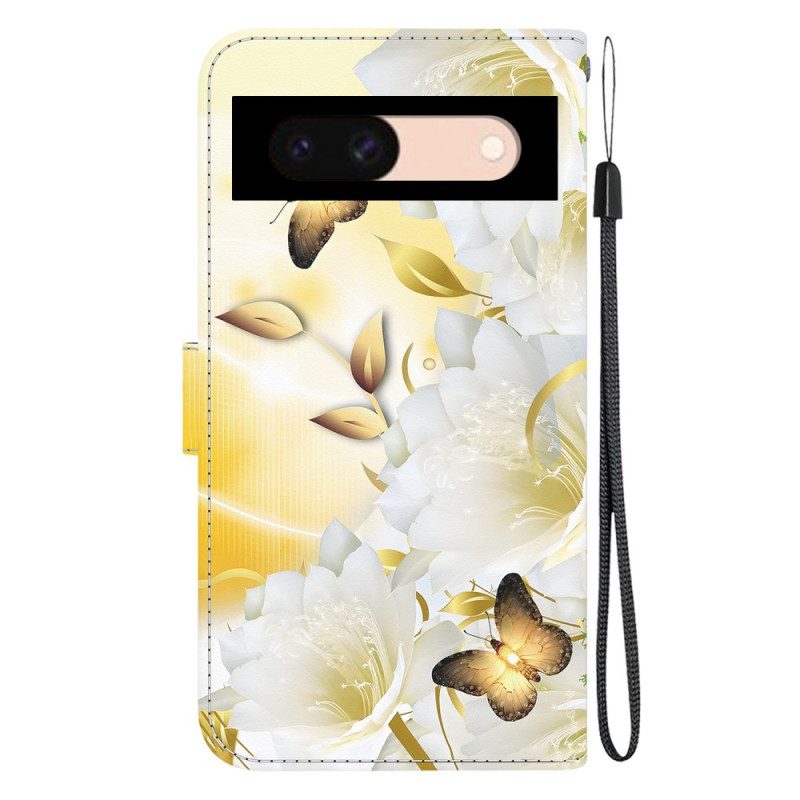 Folio-hoesje Google Pixel 8a Telefoonhoesje Gouden Vlinders En Witte Bloemen Met Riem