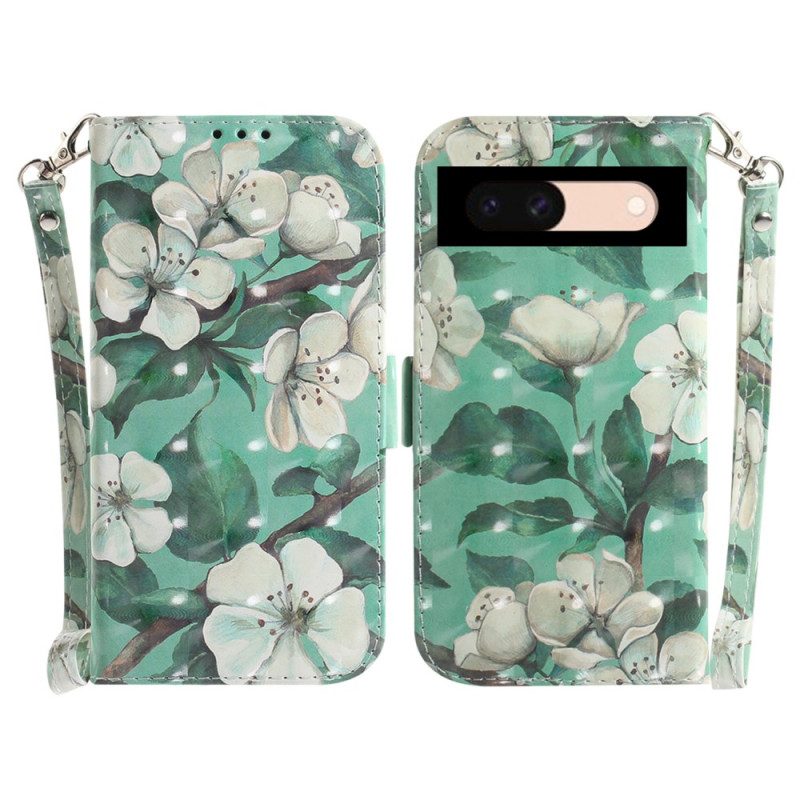 Folio-hoesje Google Pixel 8a Witte Bloemen Met Riem