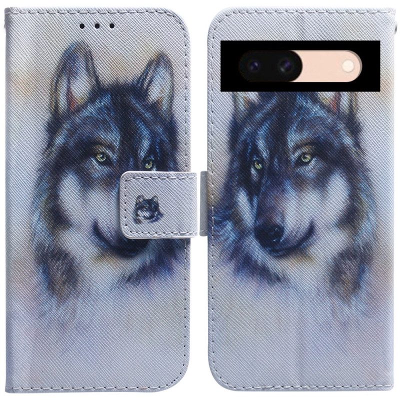 Leren Hoesje Google Pixel 8a Waterverfwolf Bescherming Hoesje