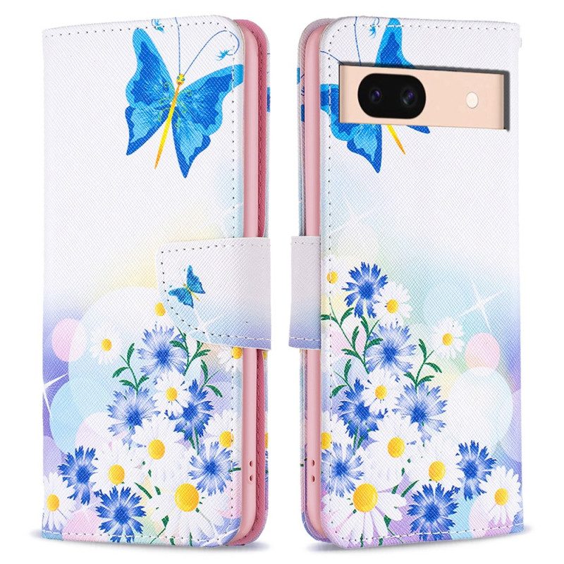 Leren Hoesje Voor Google Pixel 8a Vlinders En Bloemen Aquarel