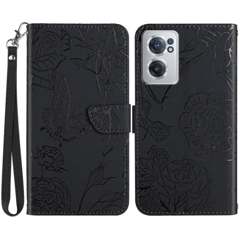 Folio-hoesje voor OnePlus Nord CE 2 5G Met Ketting Vlinders En Bloemen Riem