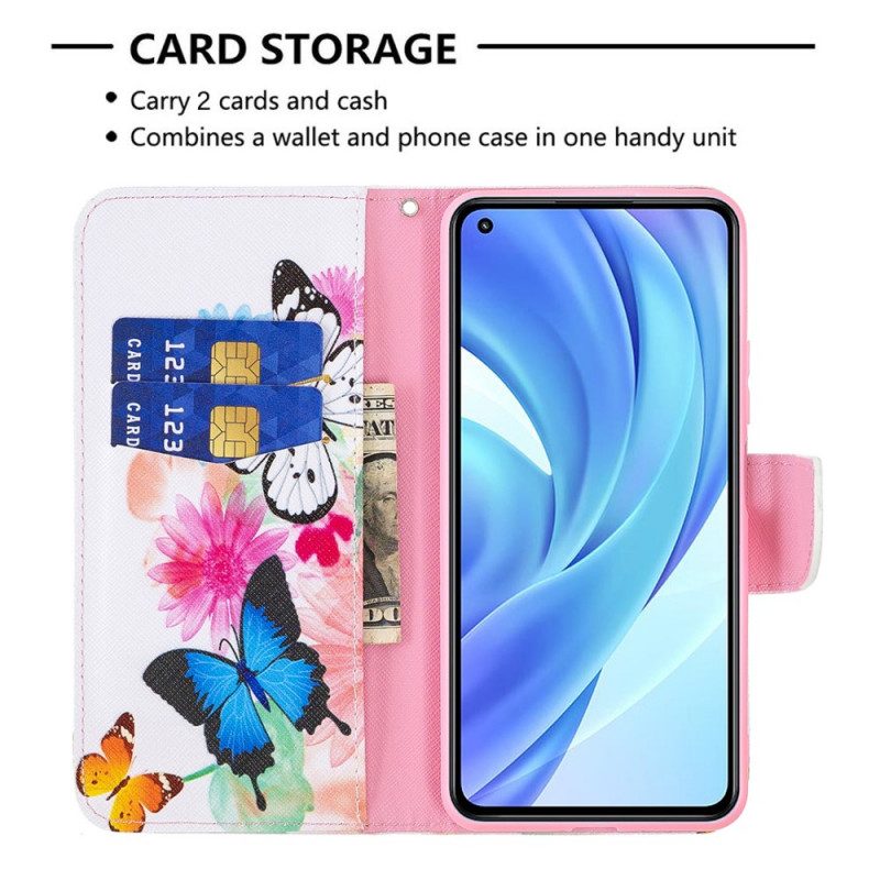 Flip Case voor Xiaomi Mi 11 Lite 4G / 5G / 5G NE Geschilderde Vlinders En Bloemen