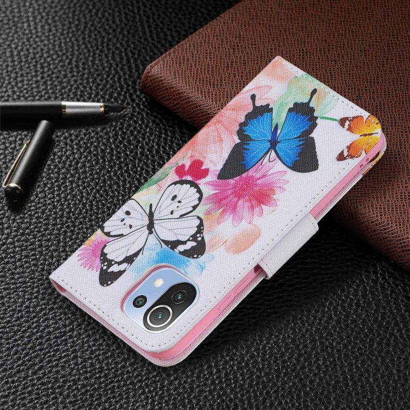 Flip Case voor Xiaomi Mi 11 Lite 4G / 5G / 5G NE Geschilderde Vlinders En Bloemen