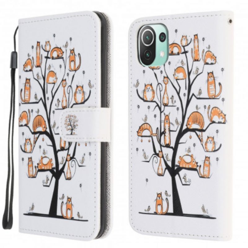 Leren Hoesje voor Xiaomi Mi 11 Lite 4G / 5G / 5G NE Met Ketting Funky Cats Met Riem