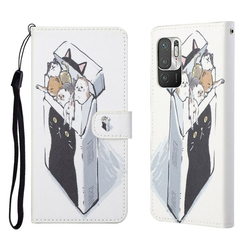 Leren Hoesje voor Poco M3 Pro 5G Met Ketting Levering Katten Met Strings