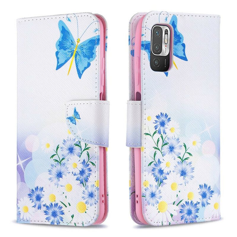 Leren Hoesje voor Poco M3 Pro 5G Vlinders En Bloemen