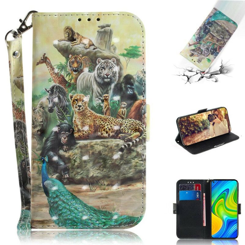 Folio-hoesje voor Xiaomi Redmi Note 9 Met Ketting String Safari Dieren