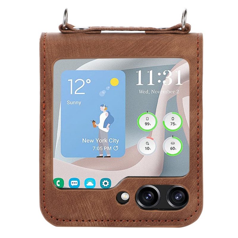 Case Hoesje Samsung Galaxy Z Flip 5 Telefoonhoesje Kaarthouder En Schouderriem In Leerstijl