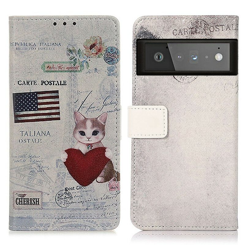 Folio-hoesje voor Google Pixel 6 Pro Reiziger Kat