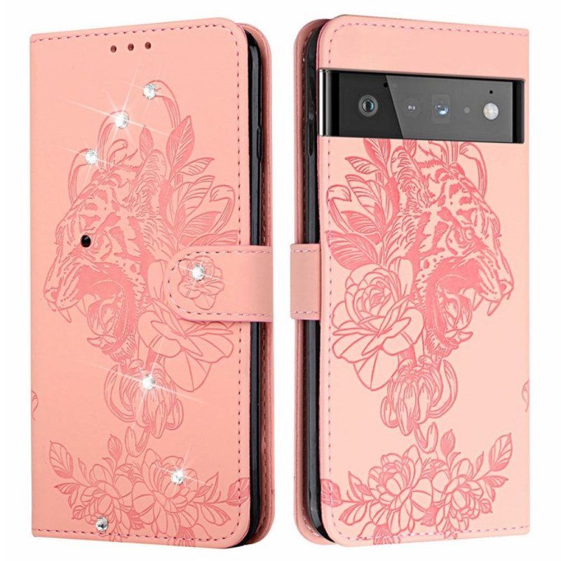 Leren Hoesje voor Google Pixel 6 Pro Barokke Tijger En Strass