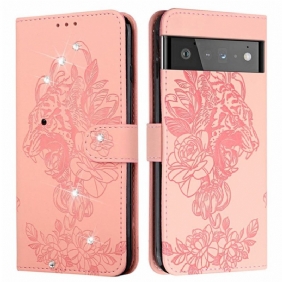 Leren Hoesje voor Google Pixel 6 Pro Barokke Tijger En Strass