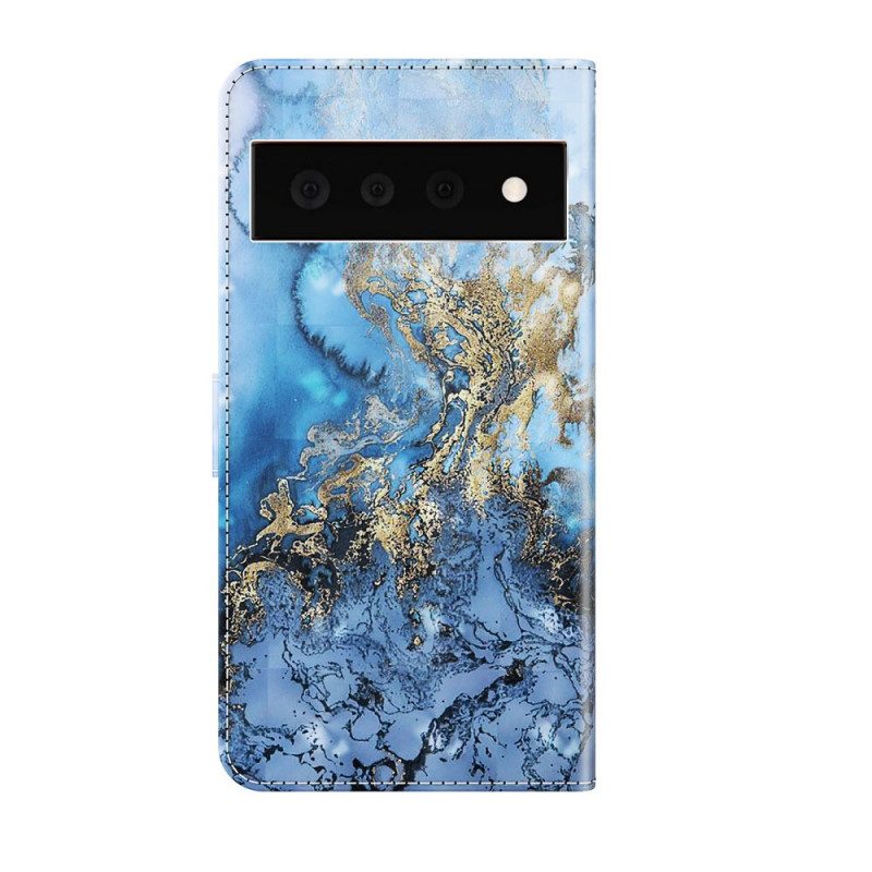 Leren Hoesje voor Google Pixel 6 Pro Lichtpunt Marmer Design Met Lanyard