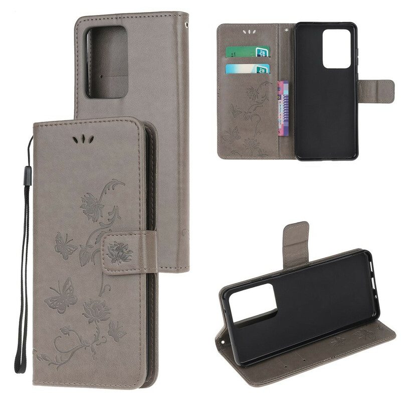 Folio-hoesje voor Samsung Galaxy Note 20 Ultra Met Ketting String Vlinders En Bloemen