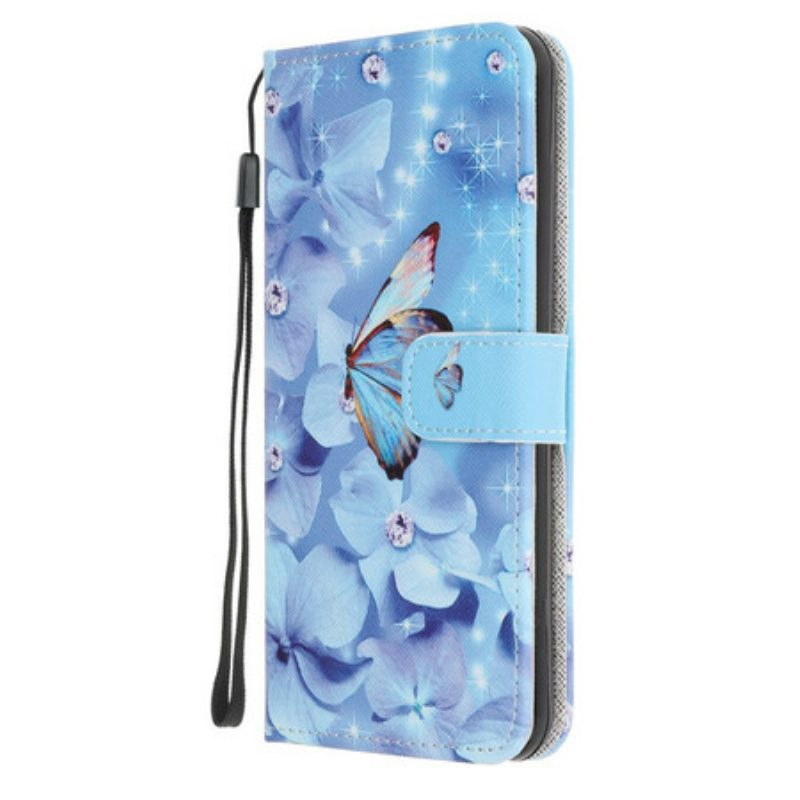 Leren Hoesje voor Huawei P40 Met Ketting Strappy Diamanten Vlinders