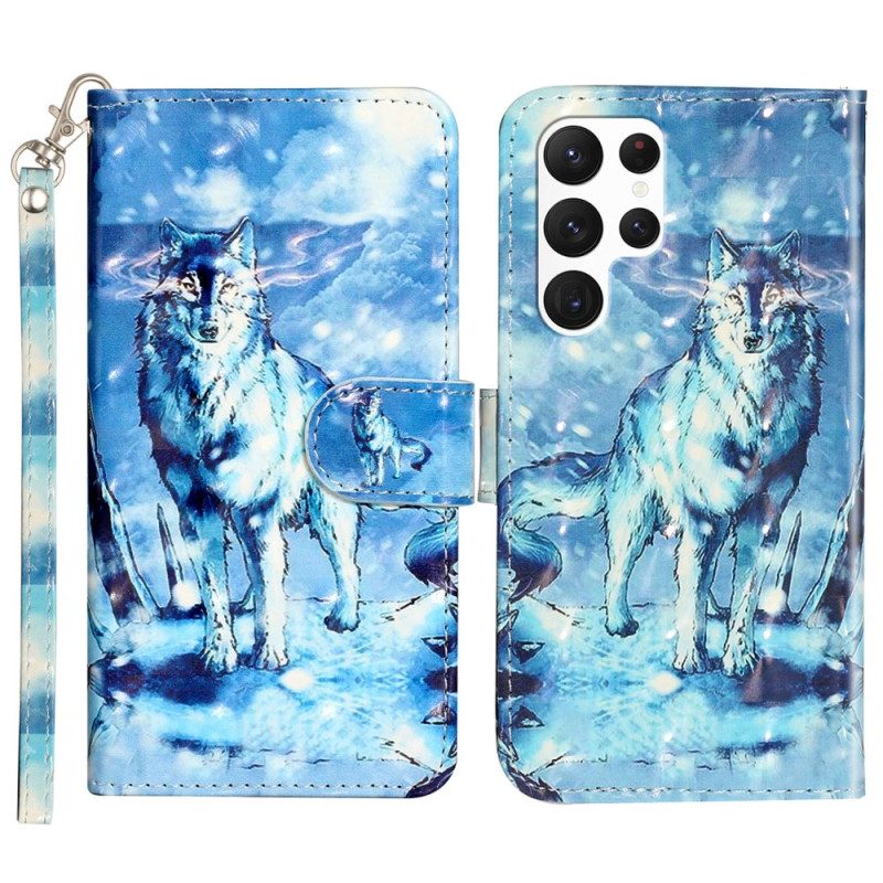 Flip Case Leren Samsung Galaxy S24 Ultra 5g Sneeuwwolf Met Riem