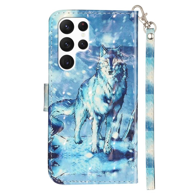 Flip Case Leren Samsung Galaxy S24 Ultra 5g Sneeuwwolf Met Riem