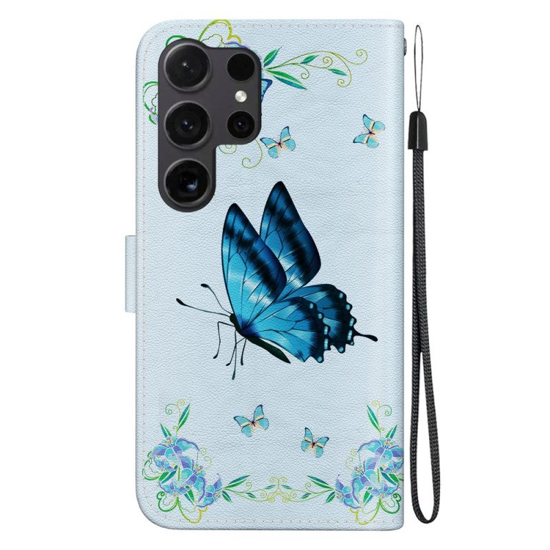 Folio-hoesje Samsung Galaxy S24 Ultra 5g Telefoonhoesje Blauwe Vlinder En Bloem Met Riempje