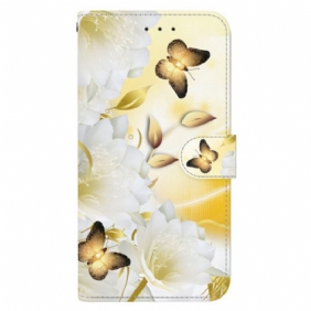 Folio-hoesje Samsung Galaxy S24 Ultra 5g Telefoonhoesje Gouden Vlinders En Witte Bloemen Met Riempje