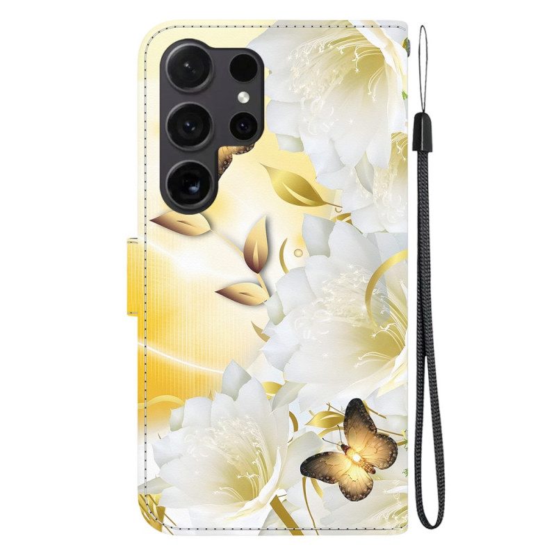 Folio-hoesje Samsung Galaxy S24 Ultra 5g Telefoonhoesje Gouden Vlinders En Witte Bloemen Met Riempje